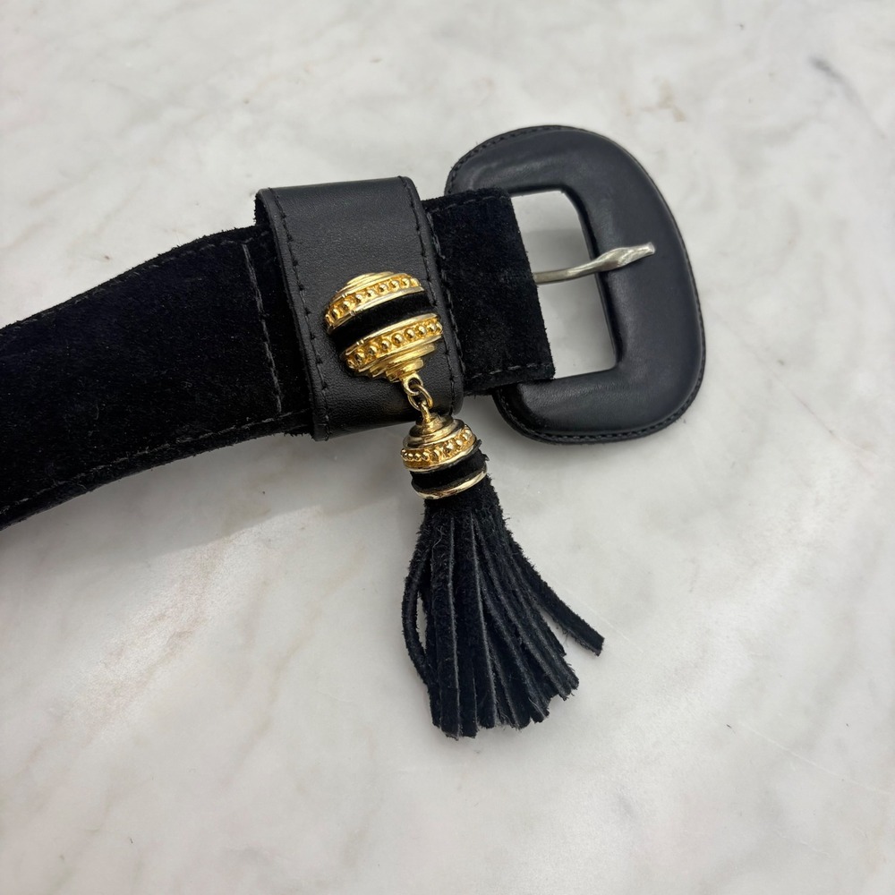 Vintage Suede Tassel Belt Women XL Black Gold Wide Waist Cinch 80s 90s Leather - Picture 5 of 6